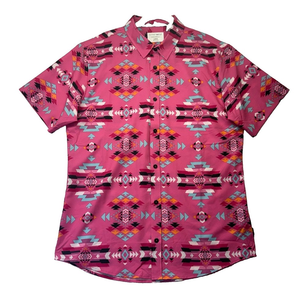 Departwest‎ Men's Aztec Southwest Geometric Pink Performance Button Shirt Large